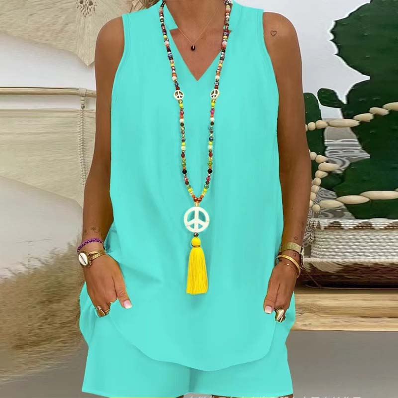 🍀Effen kleur opstaande kraag mouwloze shorts casual tweedelig pak