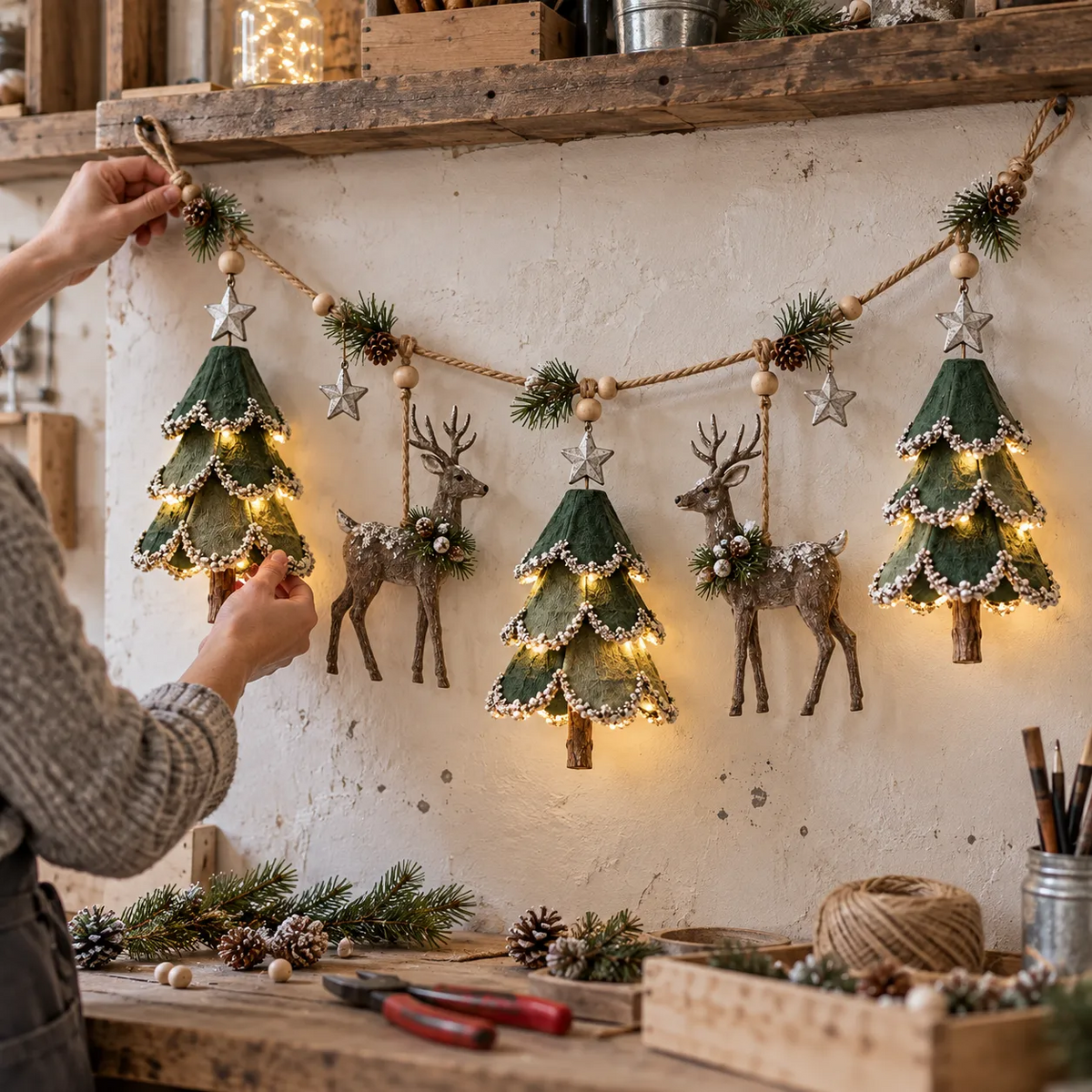 Verlichte kerstslinger met bosmotief
