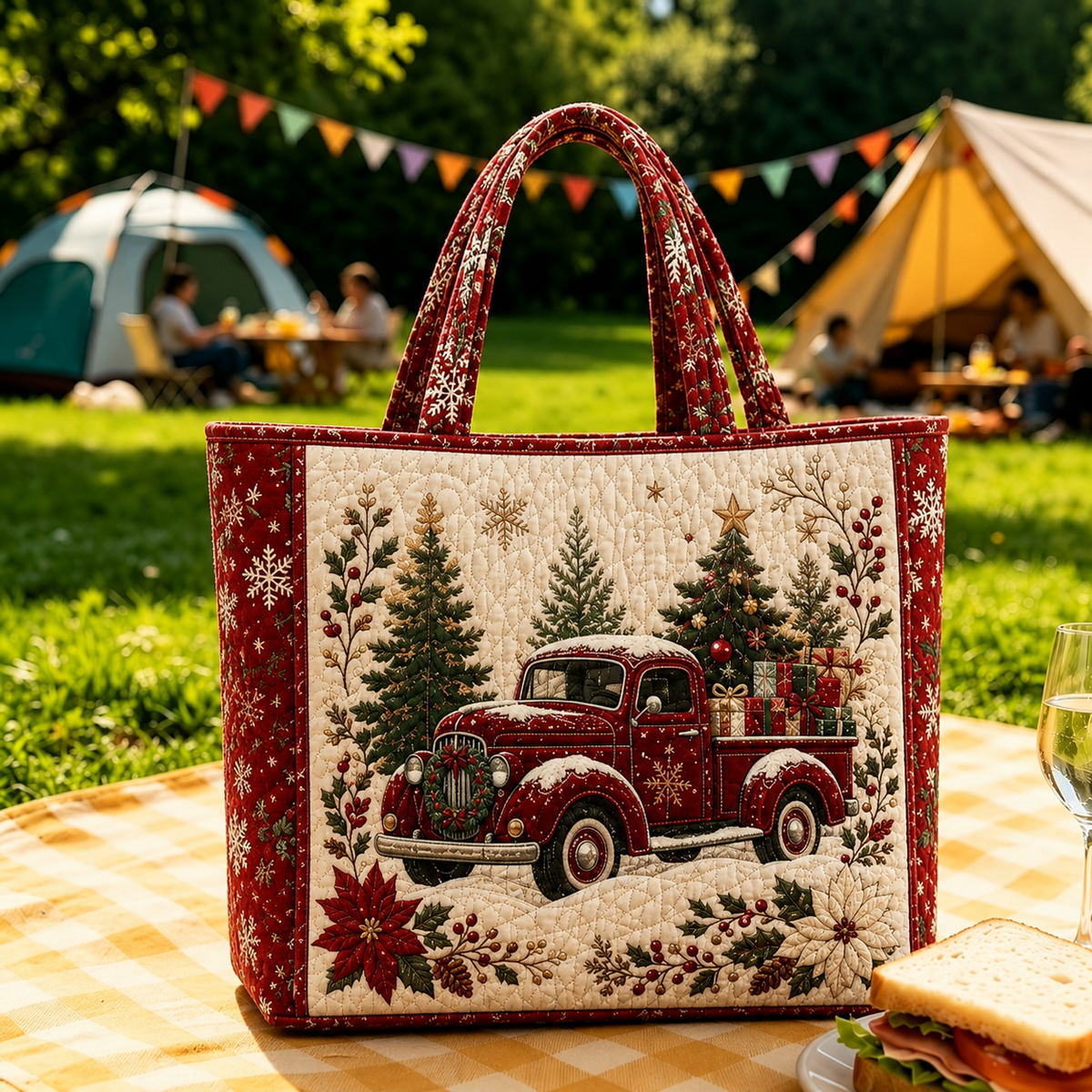 Vintage kerst-draagtas met kerstmanprint | Feestelijke herbruikbare boodschappentas