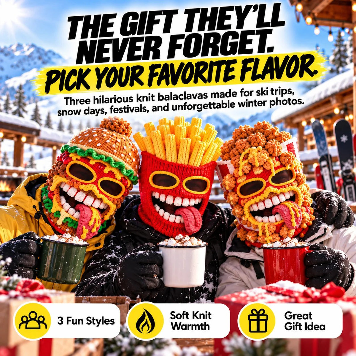 😜🍟Grappige gebreide balaclava met voedselmotief – Warme skimasker die het hele gezicht bedekt, voor winteravonturen