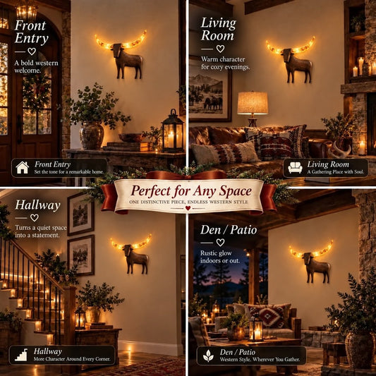 🐮✨Verlichte Longhorn-wandsculptuur – Rustieke western-LED-wanddecoratie🌙