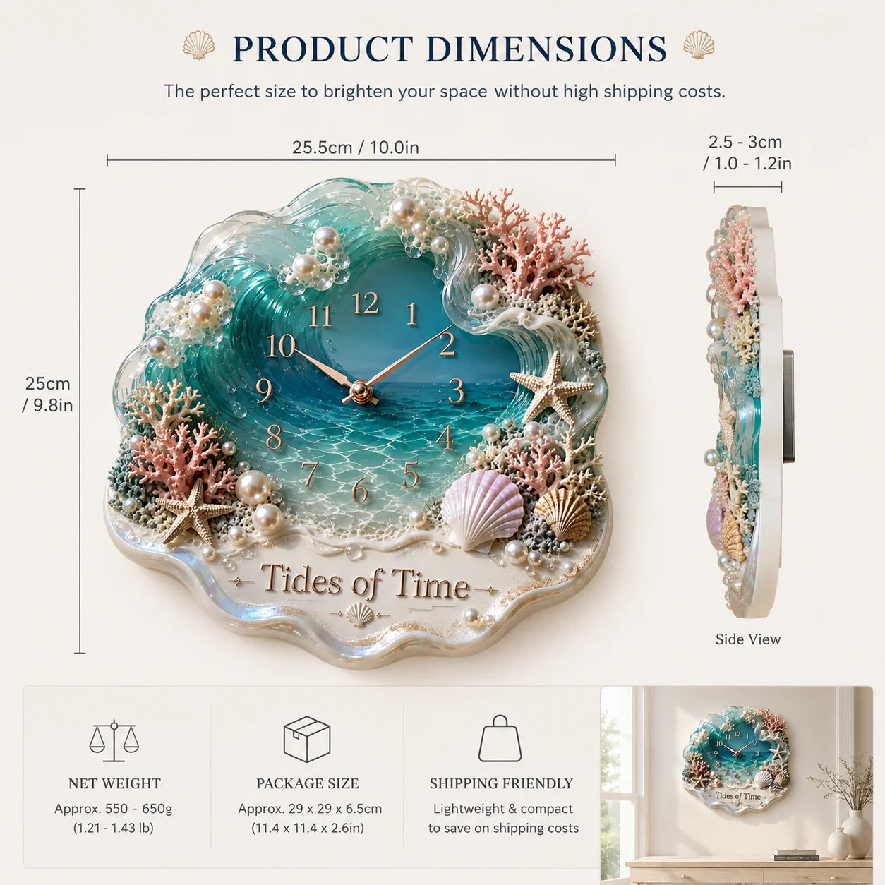 Tides of Time Ocean Wave wandklok – Iriserende kustdecoratie met parels, schelpen en koraa