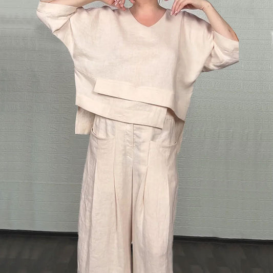 💞Gratis verzending⏳Effen kleur ronde hals lange mouwen casual top middelhoge taille zak rechte broek tweedelig set