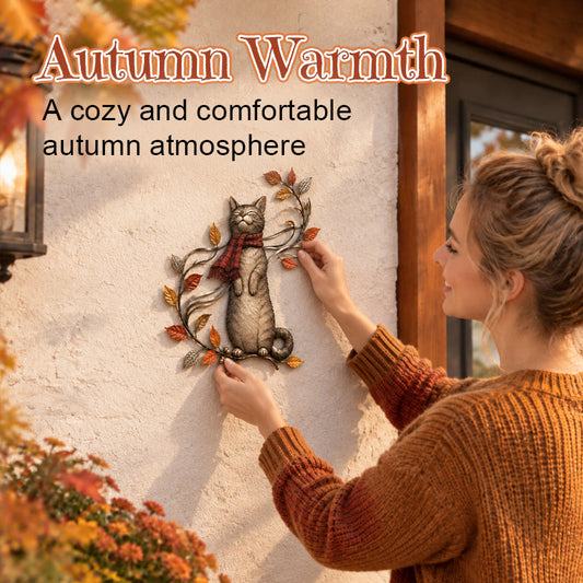 🍁Metalen wanddecoratie met herfstkat🐱