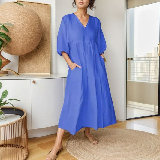 🌿 Diepe V-Hals Katoen-Linnen Zomerjurk met Zakken