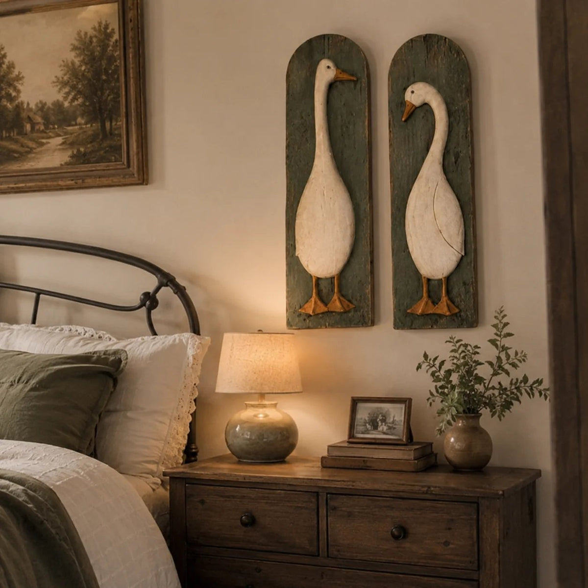 Handgemaakte rustieke wanddecoratie met ganzen, set van 2