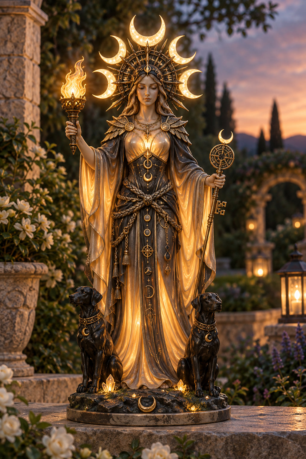 ๐๐ฅ Beeld van de beschermgodin Hecate | Verlichte drievoudige maangodin met twee honden, een fakkel en een sleutel
