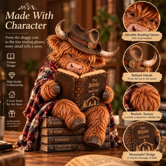 ⏳ Laatste dag: 49% KORTING – 🐮 Kerstfiguurtje van een Highland-koe – Een op het geloof geïnspireerd cadeau voor boekenliefhebbers