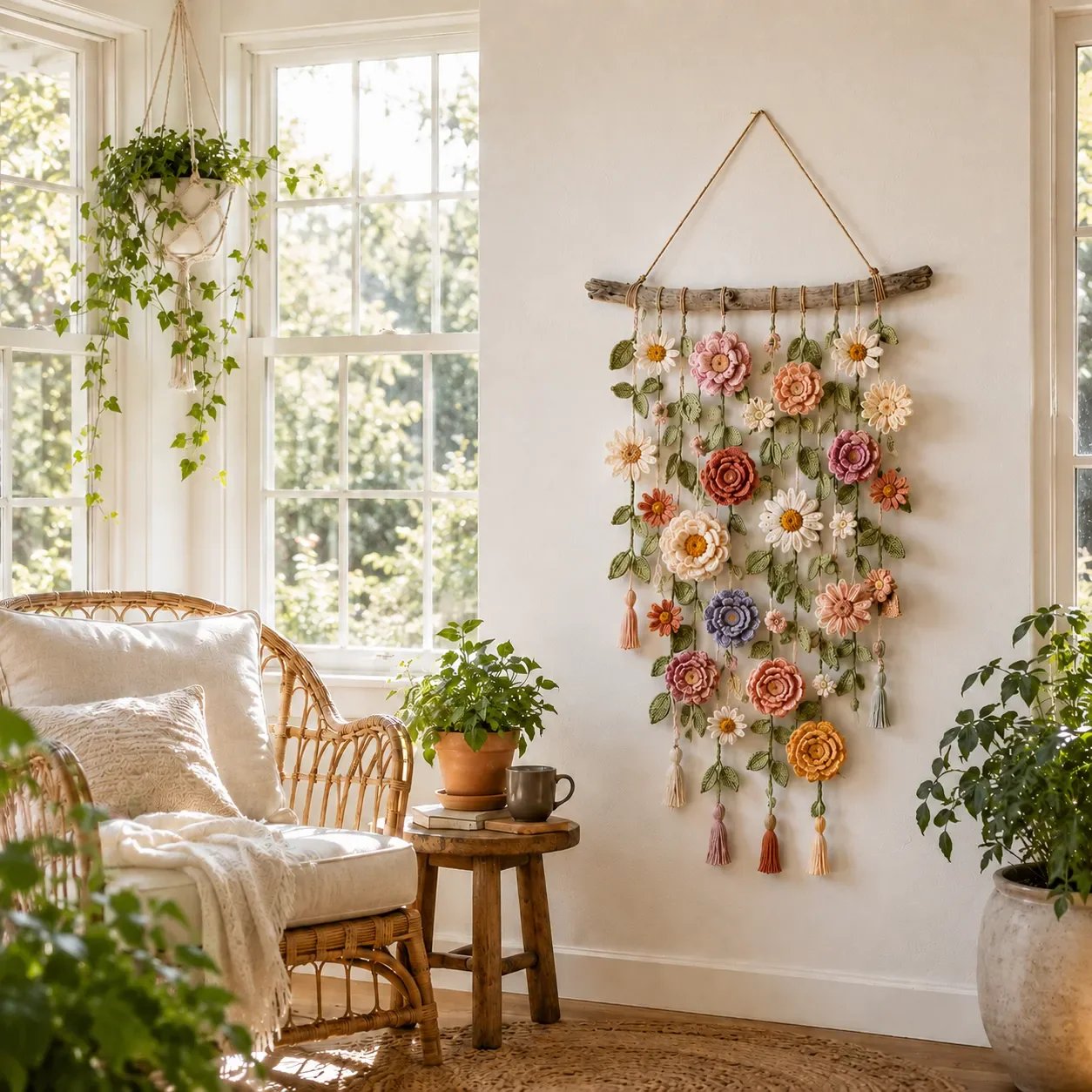 Boho-wanddecoratie met gehaakte bloemen