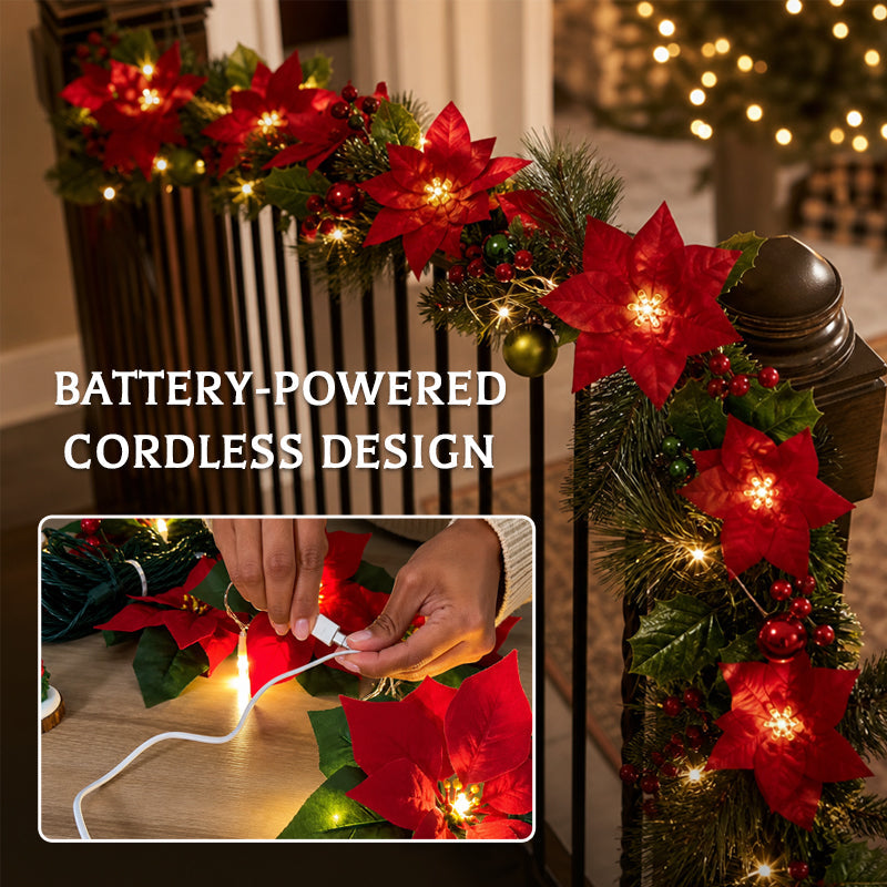 π π Kerstster-lichtslinger β 2 m warme LED-slinger met rode bloemen en hulstblaadjes