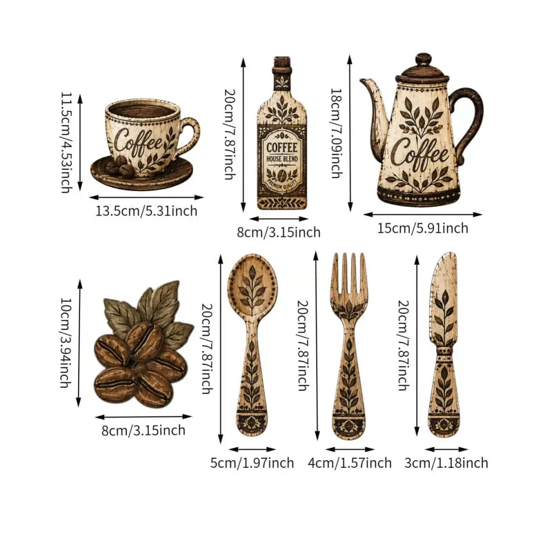 ☕ 7-delige houten wanddecoratieset met koffiethema voor in de keuken – Vintage wanddecoratie in boerderijstijl met koffiethem