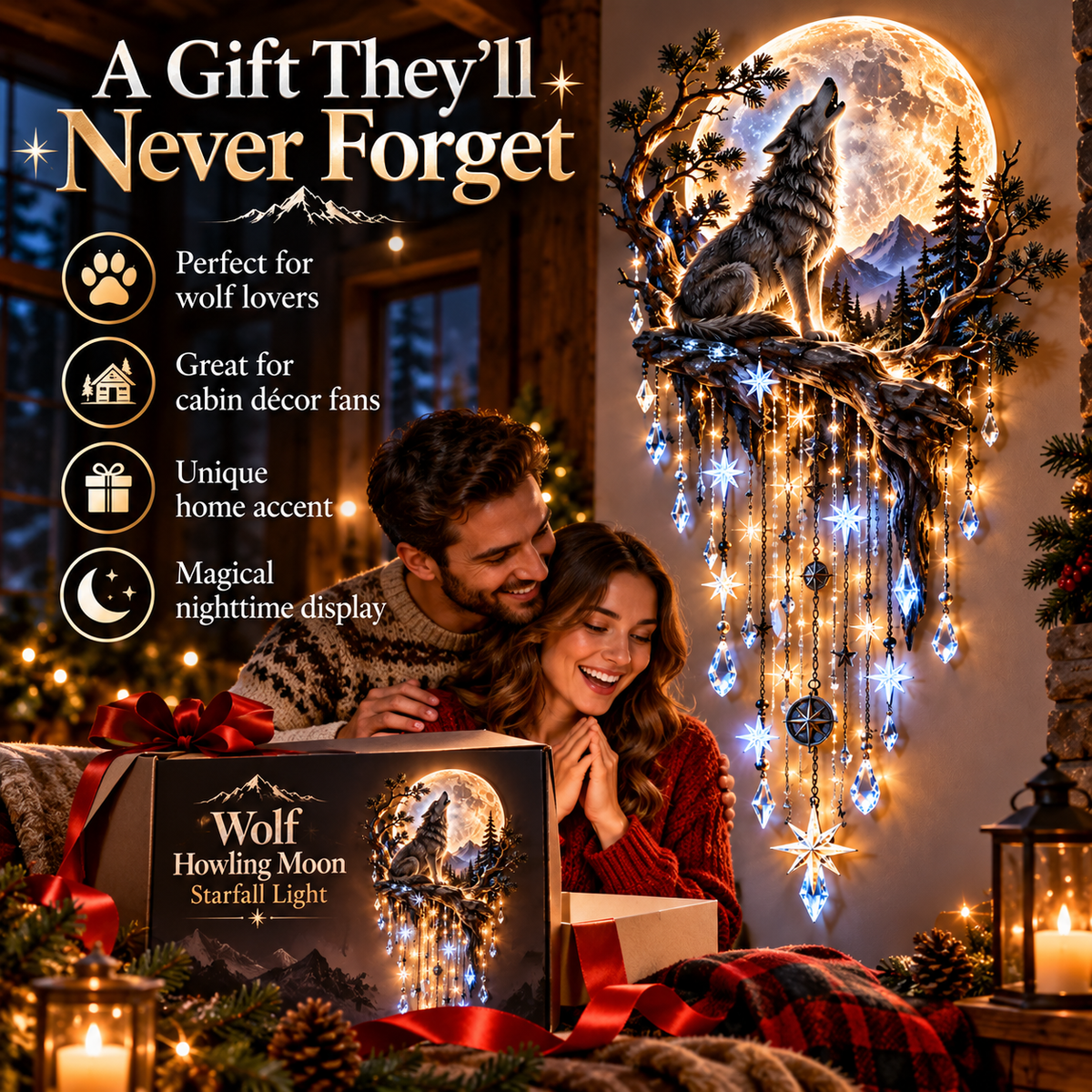 🐺🌕 Wolf Howling Moon Starfall wandlamp – Haal de wildernis in huis