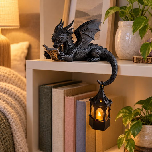 🐉Leesdraak als plankversiering met LED-lantaarn