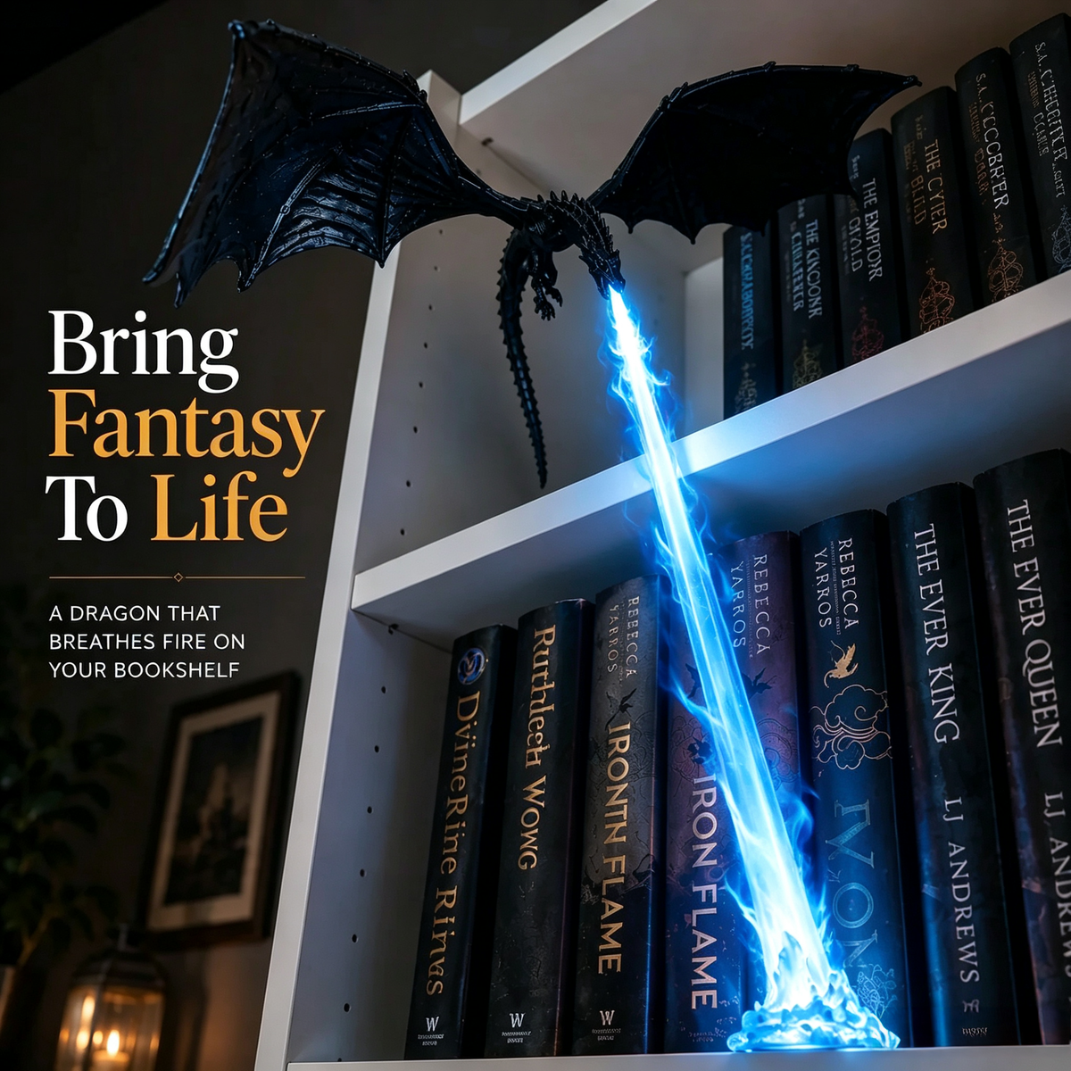 🐉 Vuurspuwende draak-boekenplankdecoratie-lamp + LED-vlamverlichtingsset
