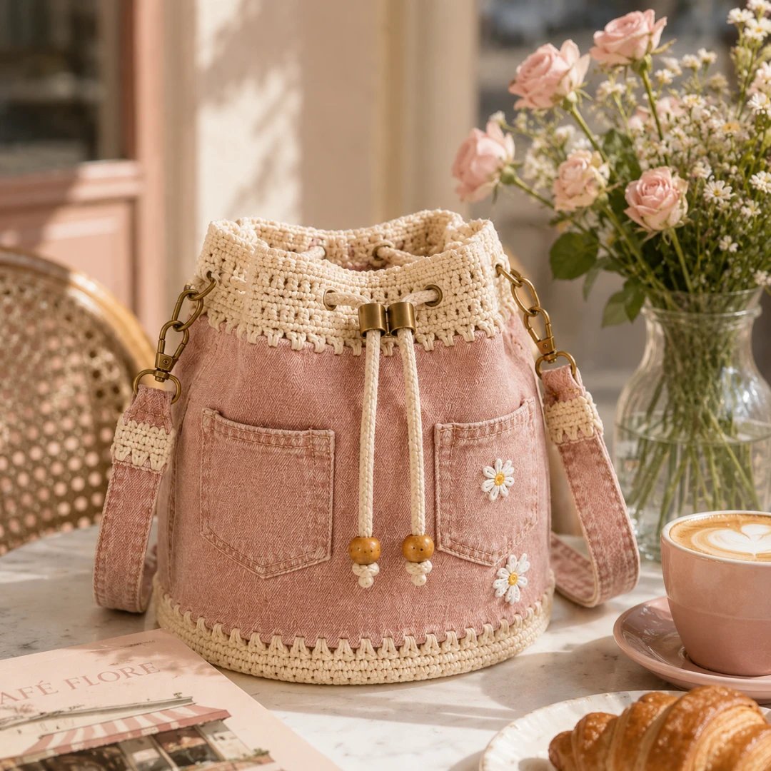 🔥SPECIALE AANBIEDING 50% KORTING✨👜Gehaakte bucketbag van denim