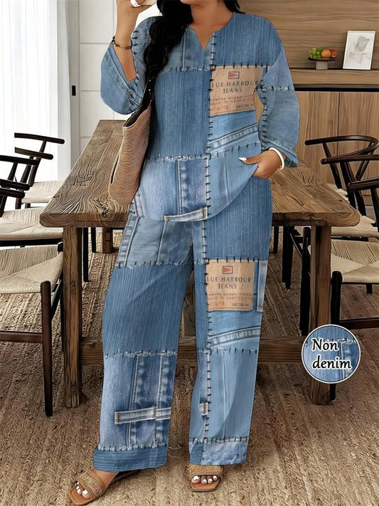 2-delige set voor vrouwen met een grote maat, met een patchworkpatroon van imitatiedeni