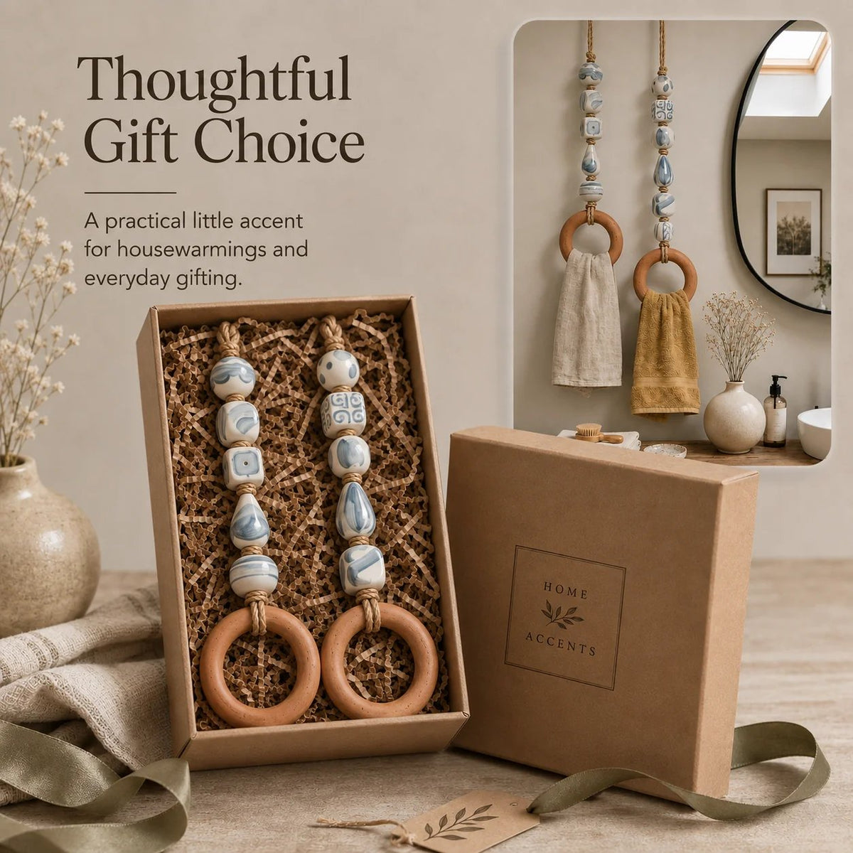 Decoratieve handdoekhanger met kralen en houten ring