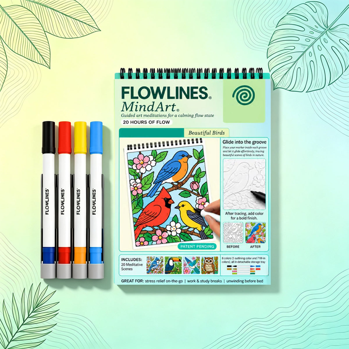 🌿 Guided Flow Art Coloring Pad with Double-Sided Markers 🎨