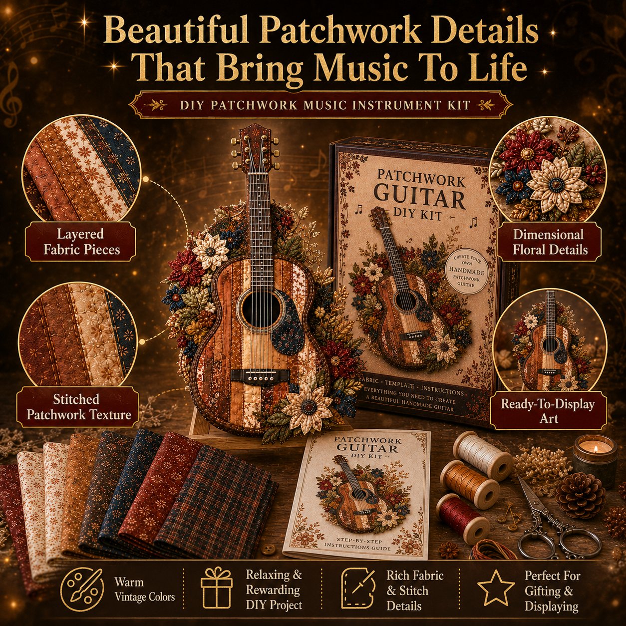 🎶🧵 Premium vintage patchwork-bouwpakket voor muziekinstrumenten | Hoogwaardige gelaagde stof met gestikte details – DIY handgemaakte decoratie voor de muziekkamer ✨
