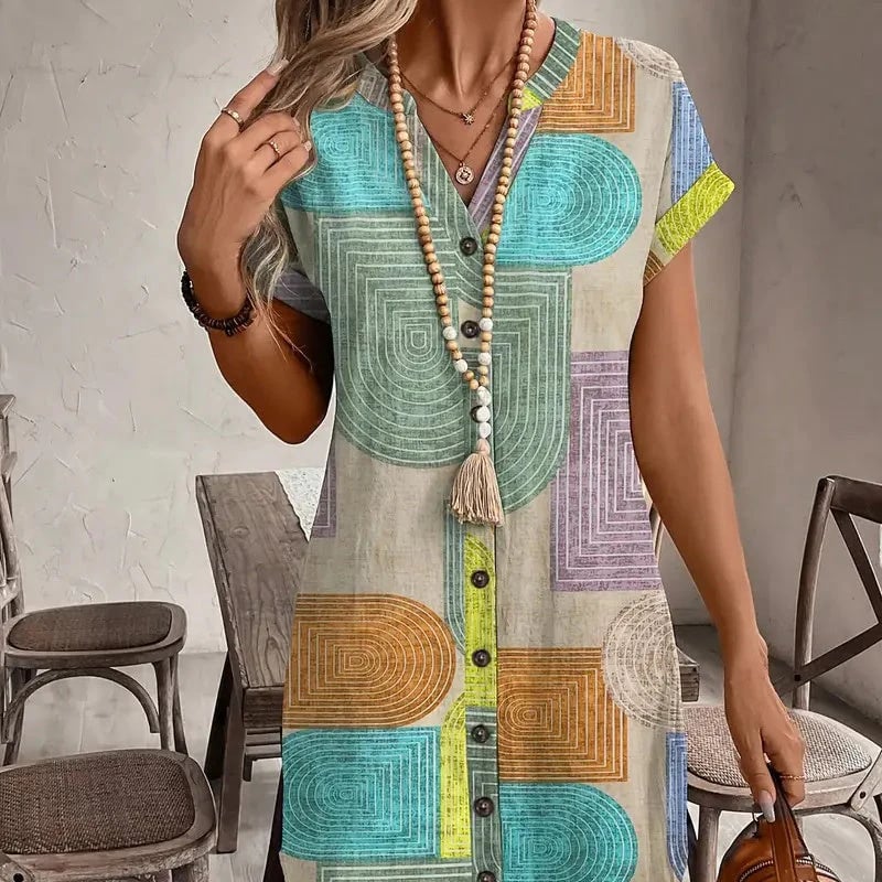 🌟Tijdelijke aanbieding 39% KORTING💯Elegante V-hals damesjurk met lange mouwen en geometrische prin