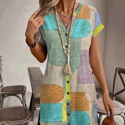 🌟Tijdelijke aanbieding 39% KORTING💯Elegante V-hals damesjurk met lange mouwen en geometrische prin