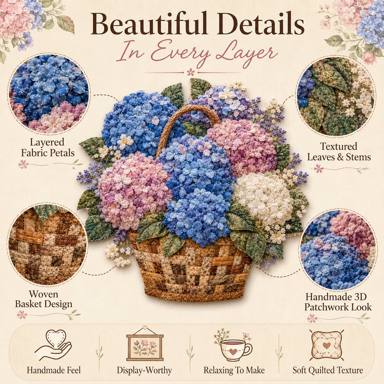 🌸🧵 Premium bloemenmand-patchwork-doe-het-zelfpakket | Hoogwaardig boeket van gelaagde stoffen met reliëfbloemblaadjes en geweven manddetails ✨