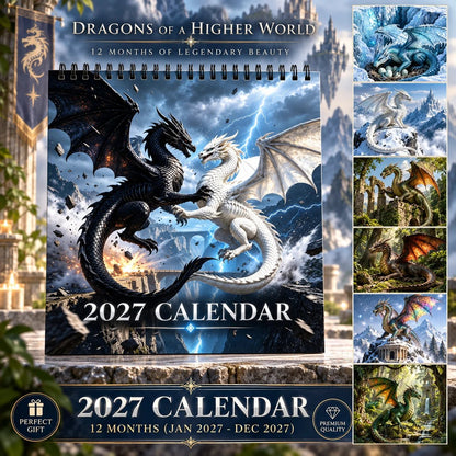 Dragons of a Higher World 2027-wandkalender – Epische fantasy-drakenkalender voor 12 maanden, mystieke en legendarische kunst, hangende planner voor drakenliefhebbers