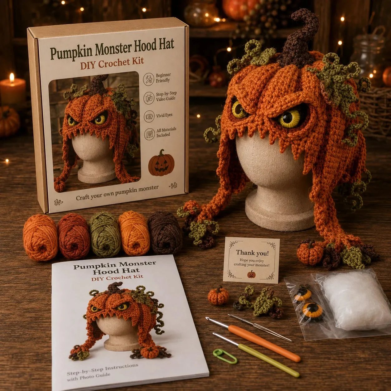 🎭🎃 DIY-haakpakket voor een Halloween-monsterkap | Hoogwaardig, zacht garen met stapsgewijze handleiding voor het zelf maken van een handgemaakte, draagbare karakterkap 🧶✨