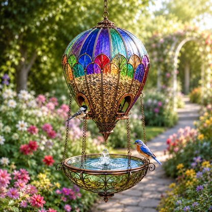 🌈 Gebrandschilderde luchtballon-vogelvoederbak met fontein🐦