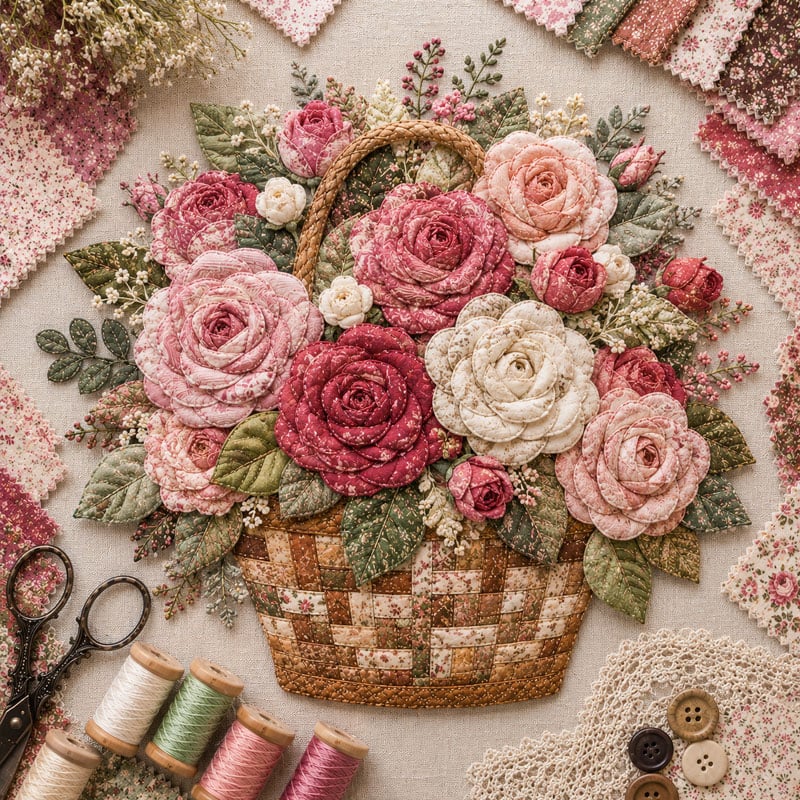 🌸🧵 Premium bloemenmand-patchwork-doe-het-zelfpakket | Hoogwaardig boeket van gelaagde stoffen met reliëfbloemblaadjes en geweven manddetails ✨