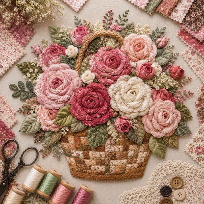 🌸🧵 Premium bloemenmand-patchwork-doe-het-zelfpakket | Hoogwaardig boeket van gelaagde stoffen met reliëfbloemblaadjes en geweven manddetails ✨