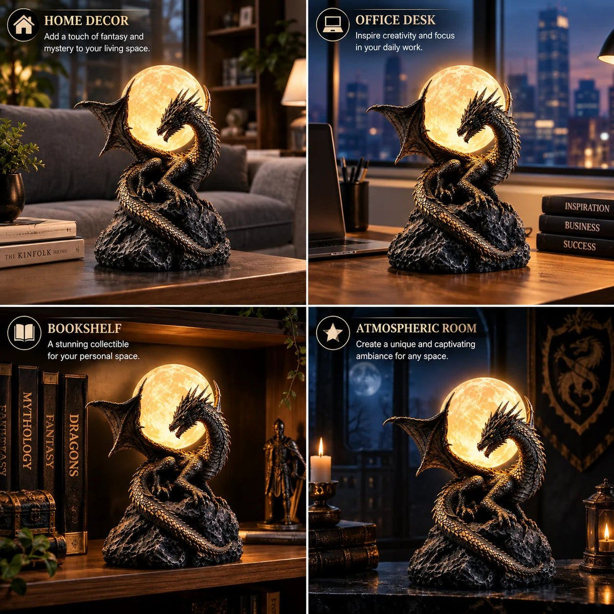 🐉 Gotische draak-maanbol-beeldlamp