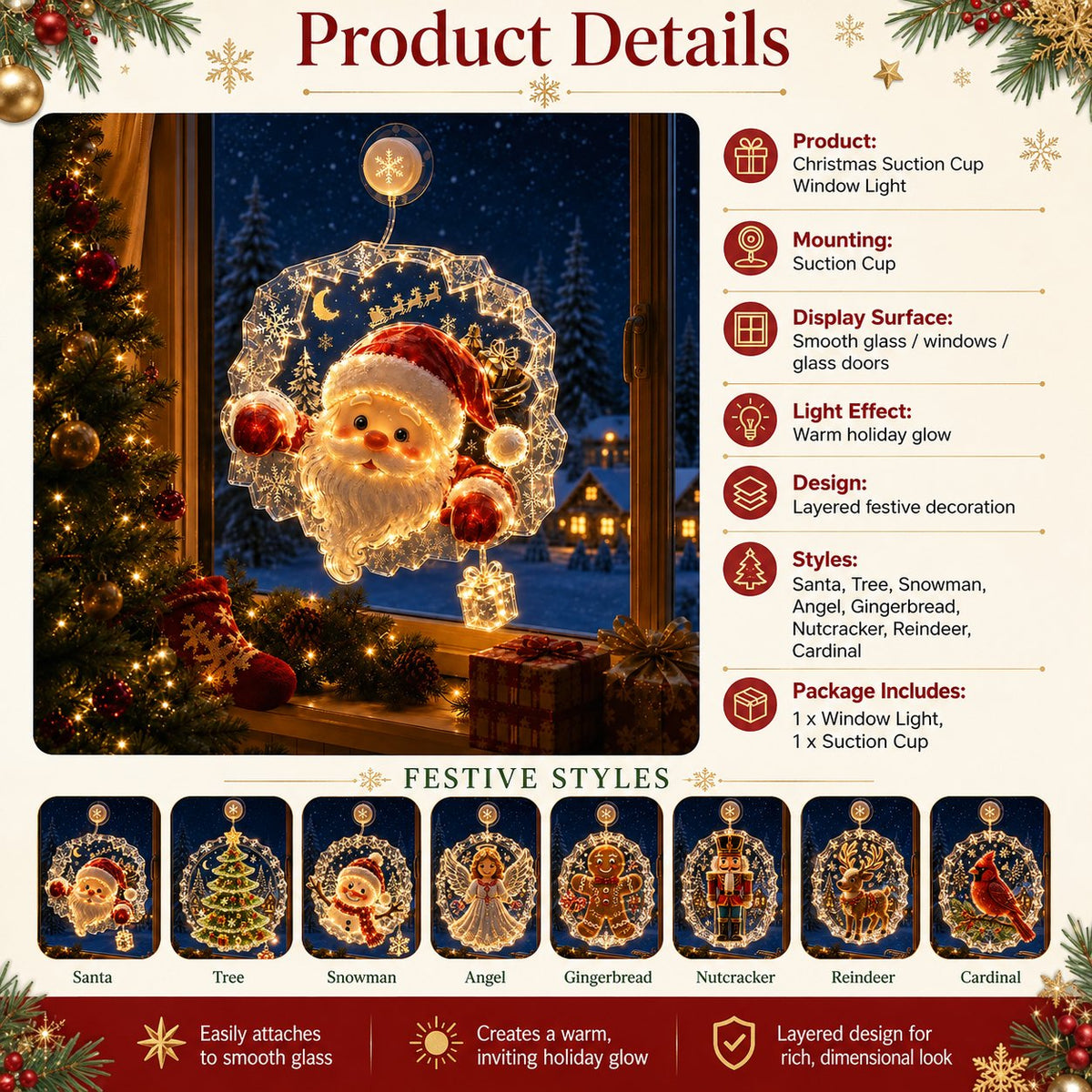 ⏳ Laatste dag: 49% KORTING – 🎄Verlichte kerstversiering voor het raam met zuignap | Warme LED-raamverlichting met dubbellaags ontwerp en diverse feestelijke stijlen ✨