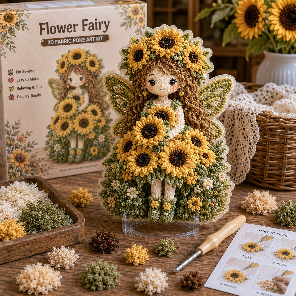 🔥HOT SALE 49% KORTING – 🌸🧚‍♀️ Flower Fairy 3D-stof-poke-art-set | Naai-vrij knutselproject van zachte stof met een reliëfbloemmotief en een kant-en-klare feeënversiering ✨