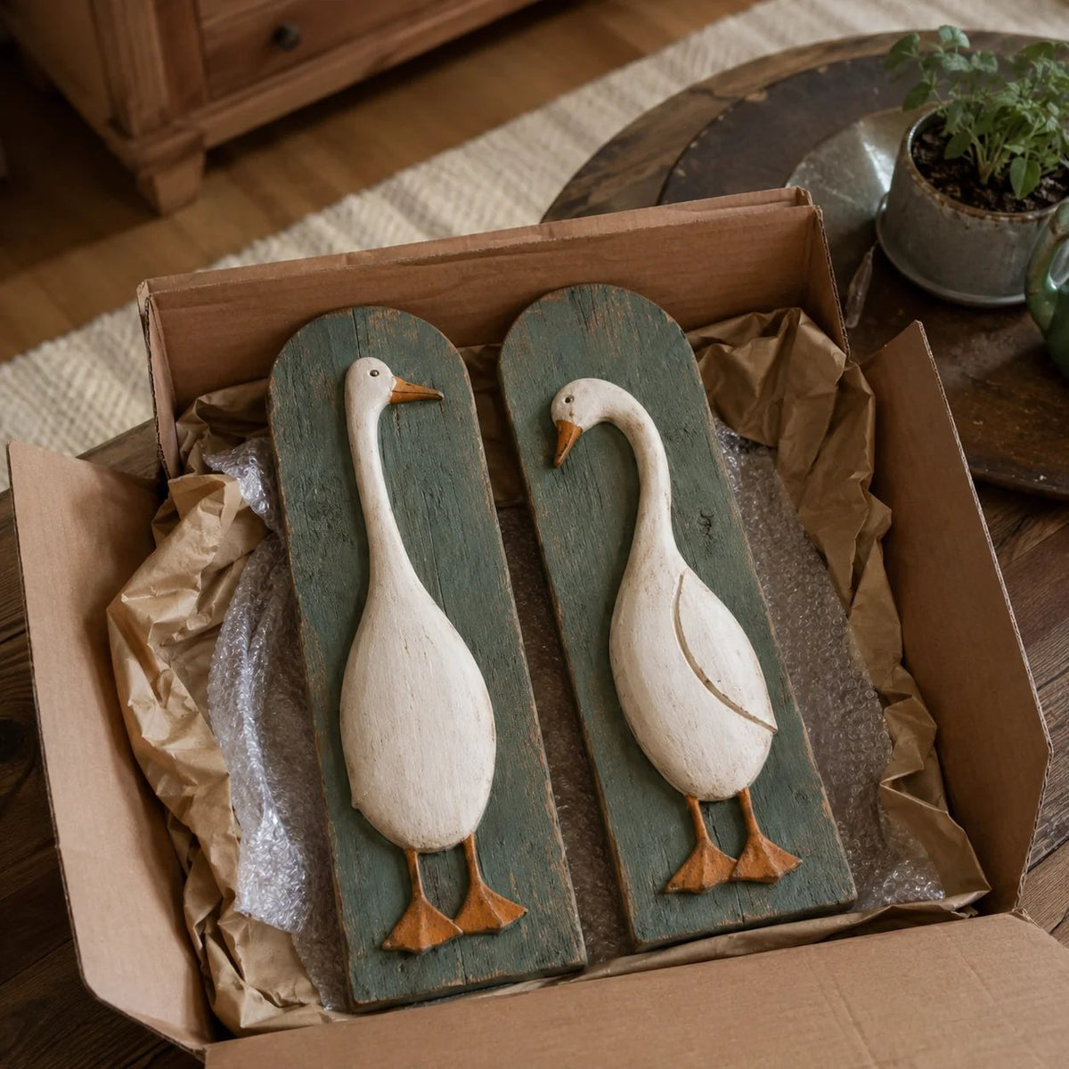 Handgemaakte rustieke wanddecoratie met ganzen, set van 2