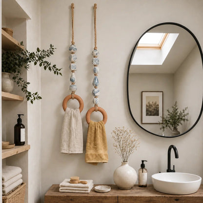 Decoratieve handdoekhanger met kralen en houten ring