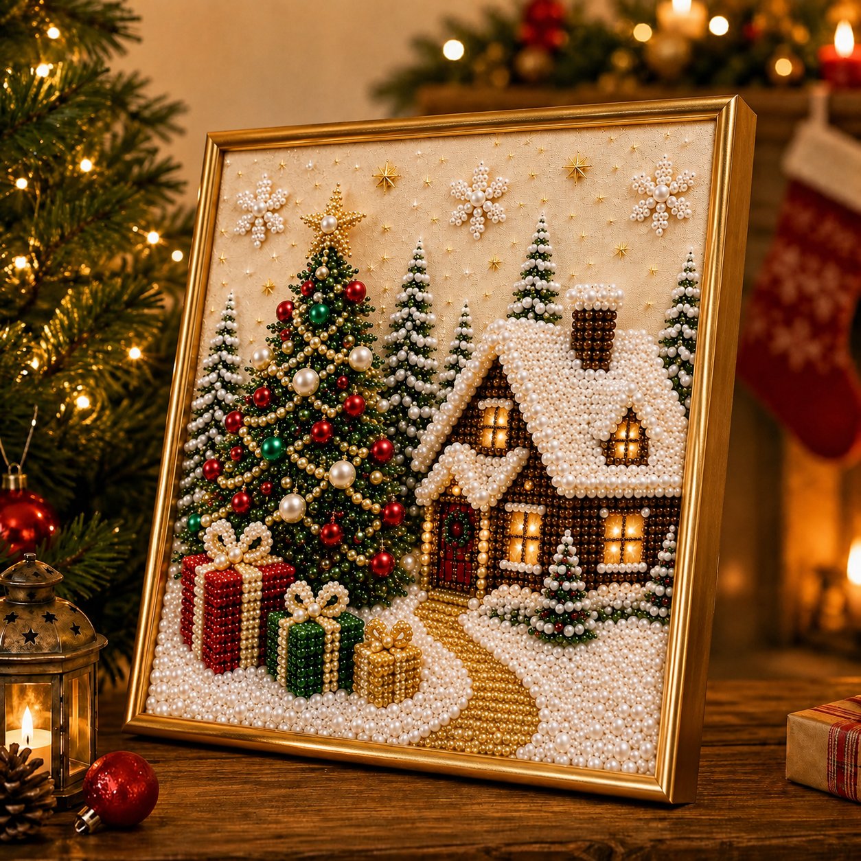 🎄🎅 Premium 3D-kerstwanddecoratieset met parels | Luxe canvas met flocklaag en krasbestendige, kleurvaste parelkorrels – doe-het-zelf kerstdecoratie ⛄️❄️