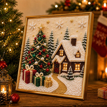 🎄🎅 Premium 3D-kerstwanddecoratieset met parels | Luxe canvas met flocklaag en krasbestendige, kleurvaste parelkorrels – doe-het-zelf kerstdecoratie ⛄️❄️