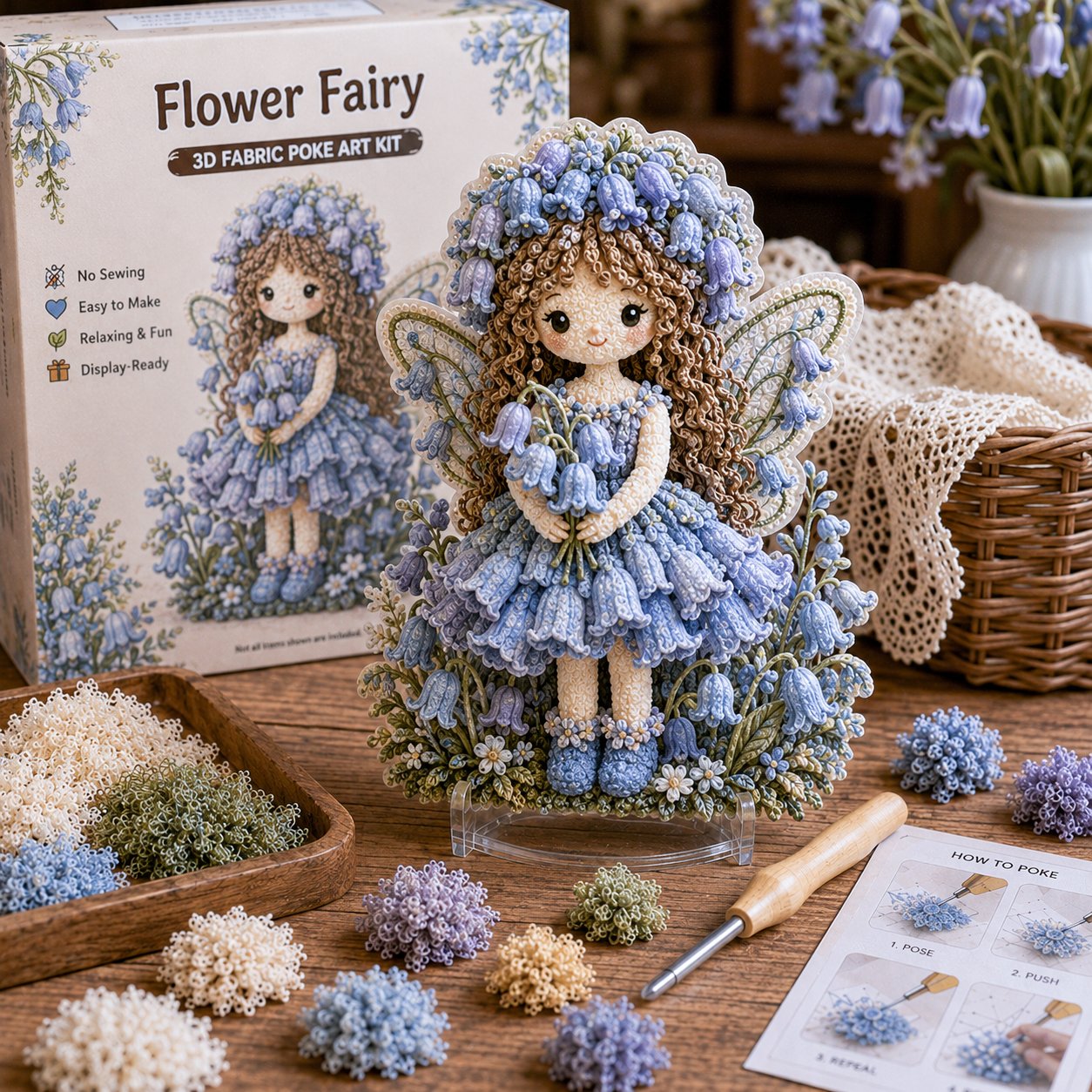 🔥HOT SALE 49% KORTING – 🌸🧚‍♀️ Flower Fairy 3D-stof-poke-art-set | Naai-vrij knutselproject van zachte stof met een reliëfbloemmotief en een kant-en-klare feeënversiering ✨