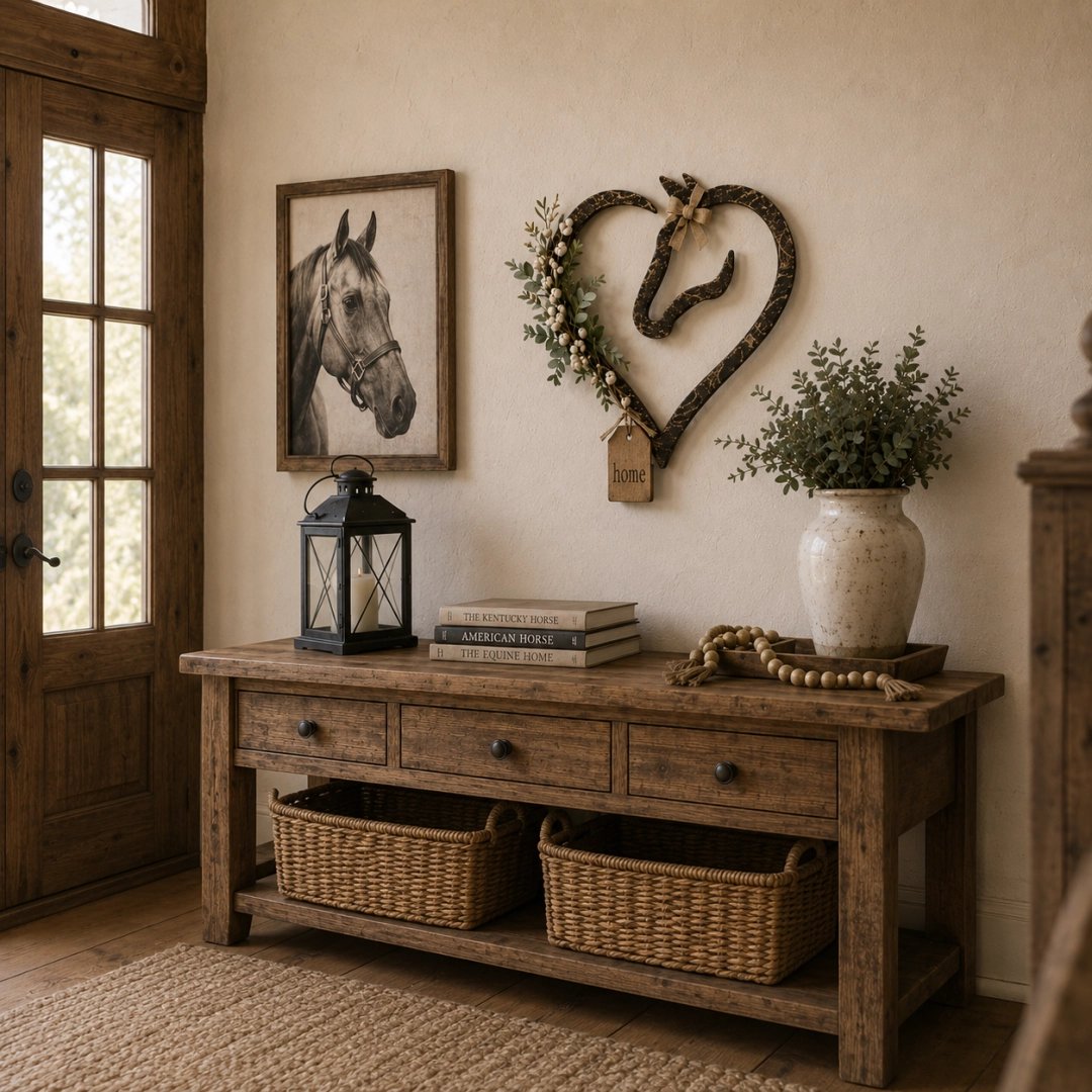 Rustieke wanddecoratie in de vorm van een paardenhart met groen – landelijke paarden-woondecoratie