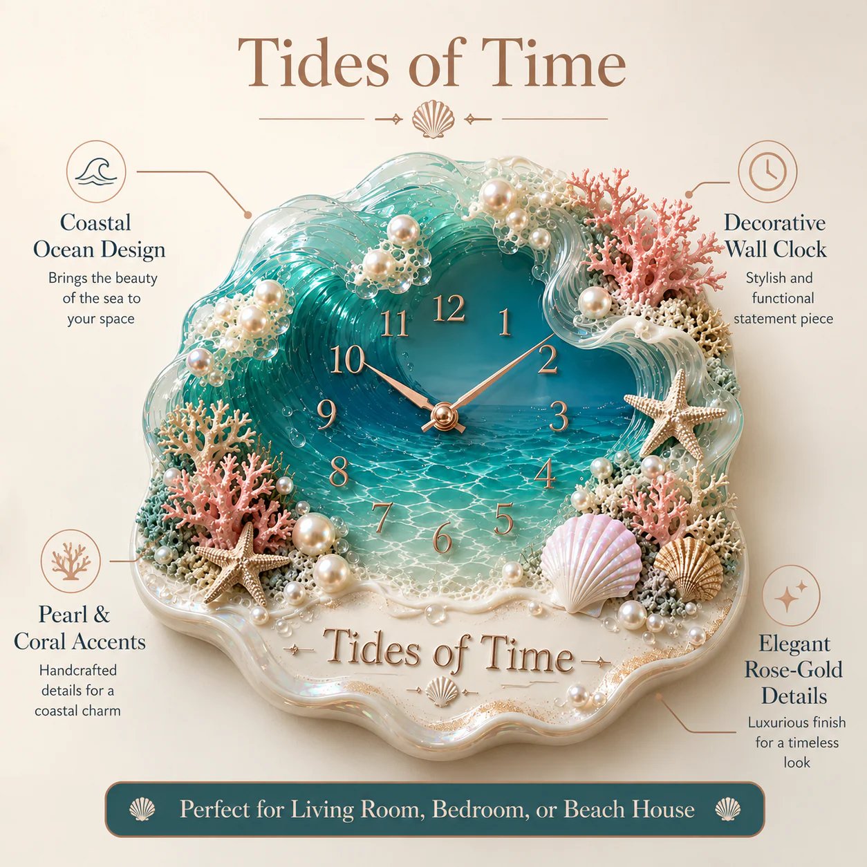 Tides of Time Ocean Wave wandklok – Iriserende kustdecoratie met parels, schelpen en koraa