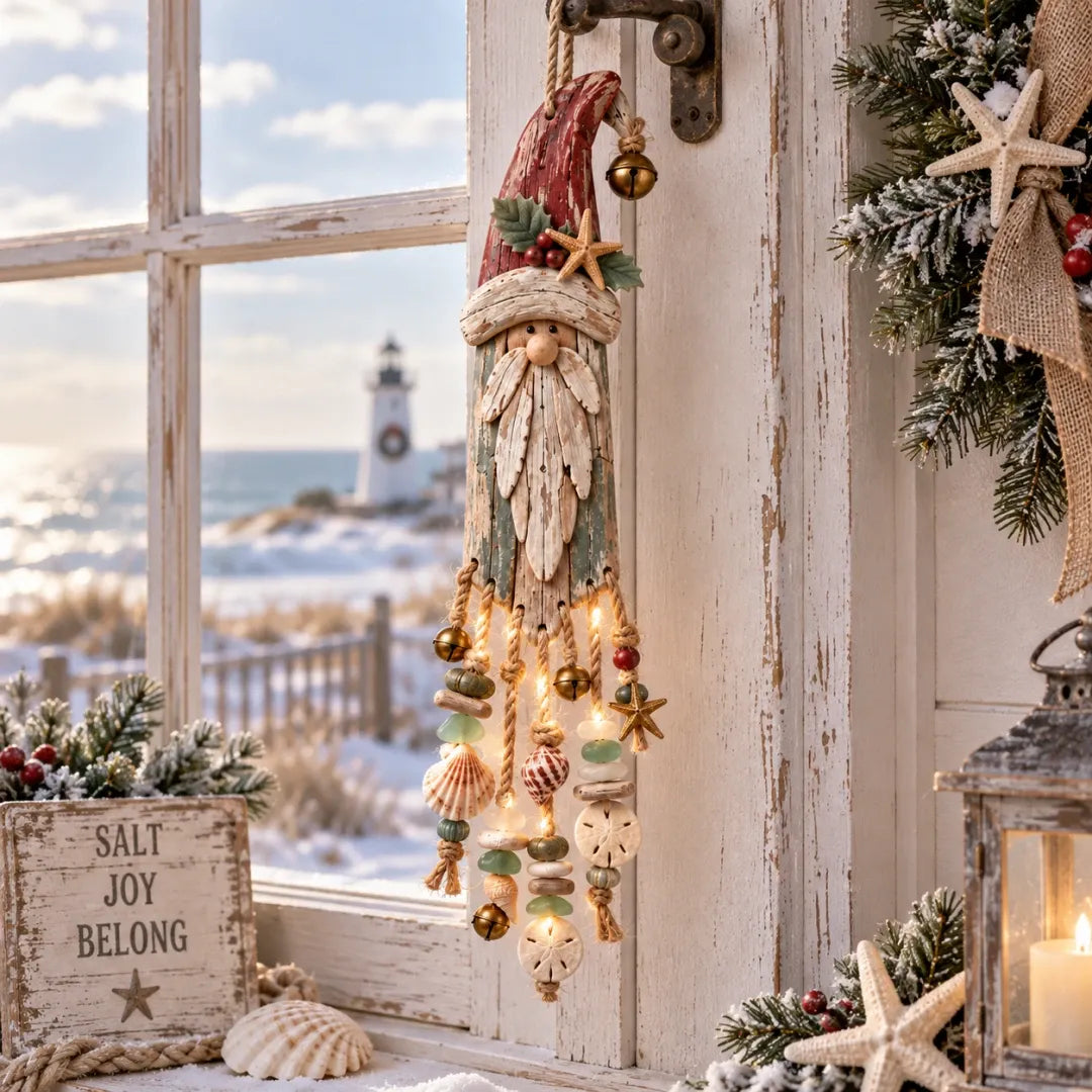 Vintage kustthema: verlichte kerstwandversiering met Kerstman – Kerstversiering voor het strandhuis met zeesterren, schelpen en een warme gloed