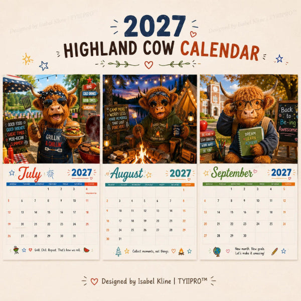 2027 Grappige wandkalender met Highland-koeien | A4-hangkalender | Ontworpen door Isabel Kline