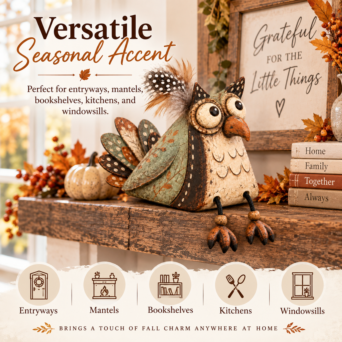 🦉 Rustieke Uil Plankzitter Decoratie met Bungelende Poten — Landelijke Sfeer