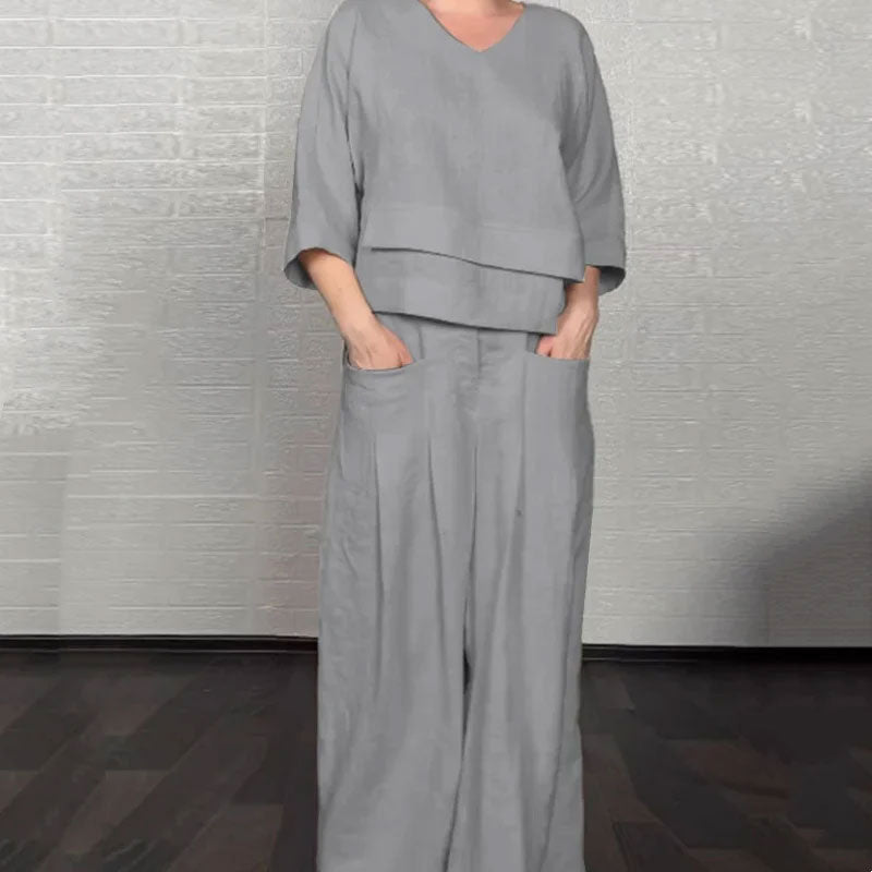 💞Gratis verzending⏳Effen kleur ronde hals lange mouwen casual top middelhoge taille zak rechte broek tweedelig set