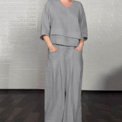 💞Gratis verzending⏳Effen kleur ronde hals lange mouwen casual top middelhoge taille zak rechte broek tweedelig set