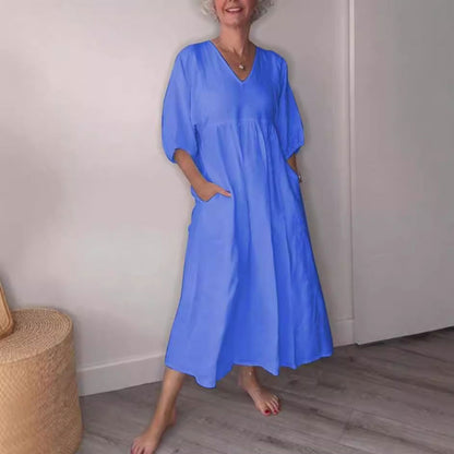 🌿 Diepe V-Hals Katoen-Linnen Zomerjurk met Zakken