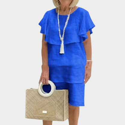 🌸Ronde hals. klokkende mouw. gelaagde midi-jurk