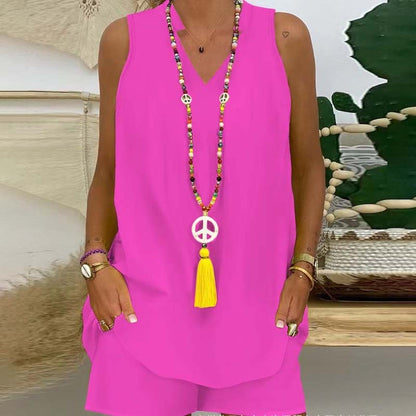 🍀Effen kleur opstaande kraag mouwloze shorts casual tweedelig pak