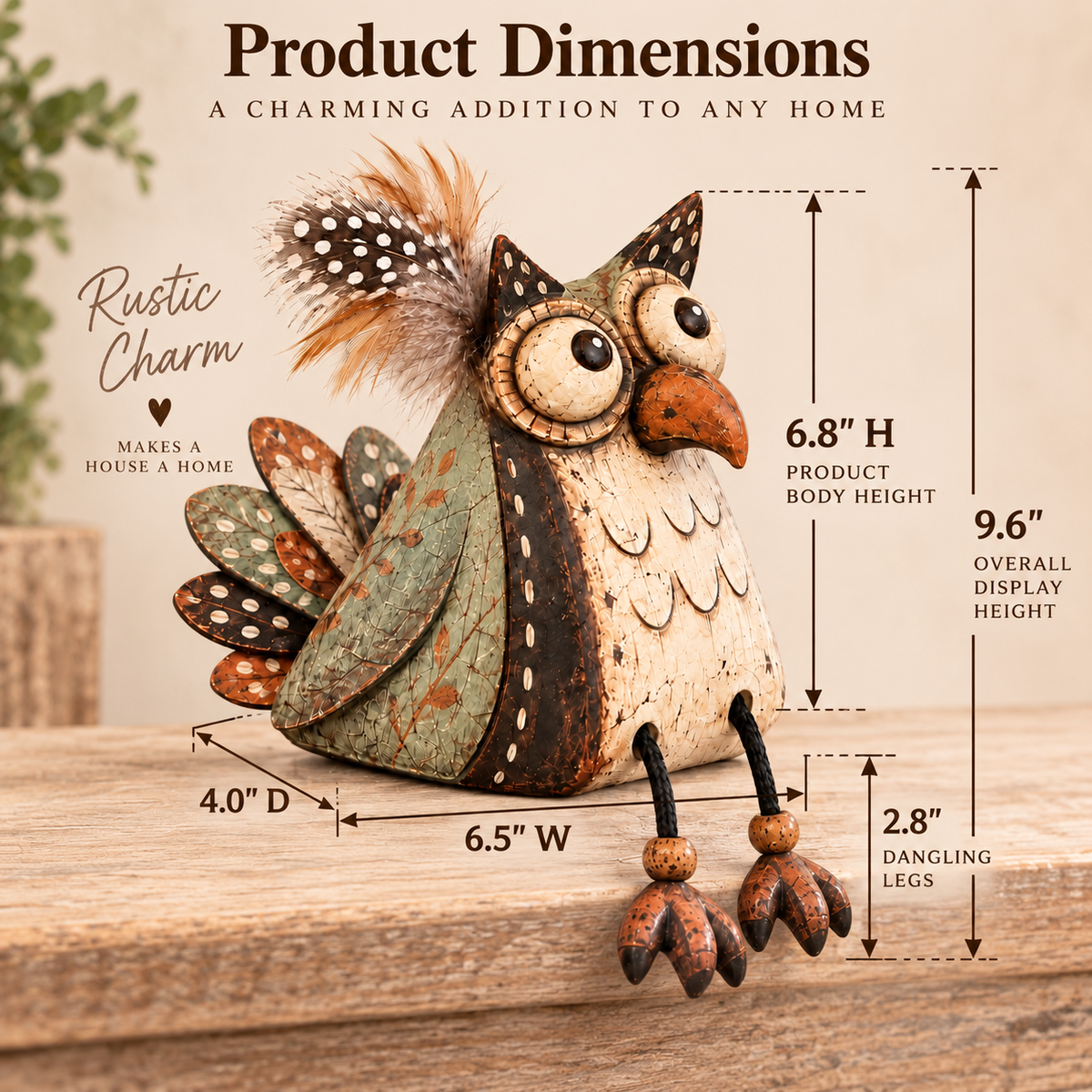 🦉 Rustieke Uil Plankzitter Decoratie met Bungelende Poten — Landelijke Sfeer
